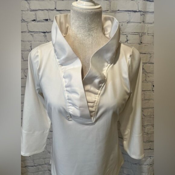 Gretchen Scott White TPRNSL Ruffneck Top Pink Stand Collar Designer Small - Picture 2 of 6